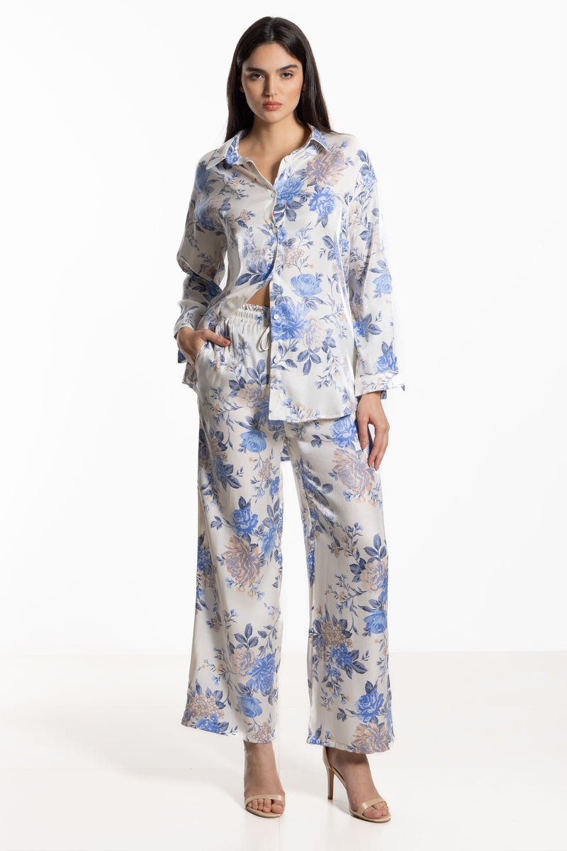 FLORAL PRINTED SATIN SHIRT SET