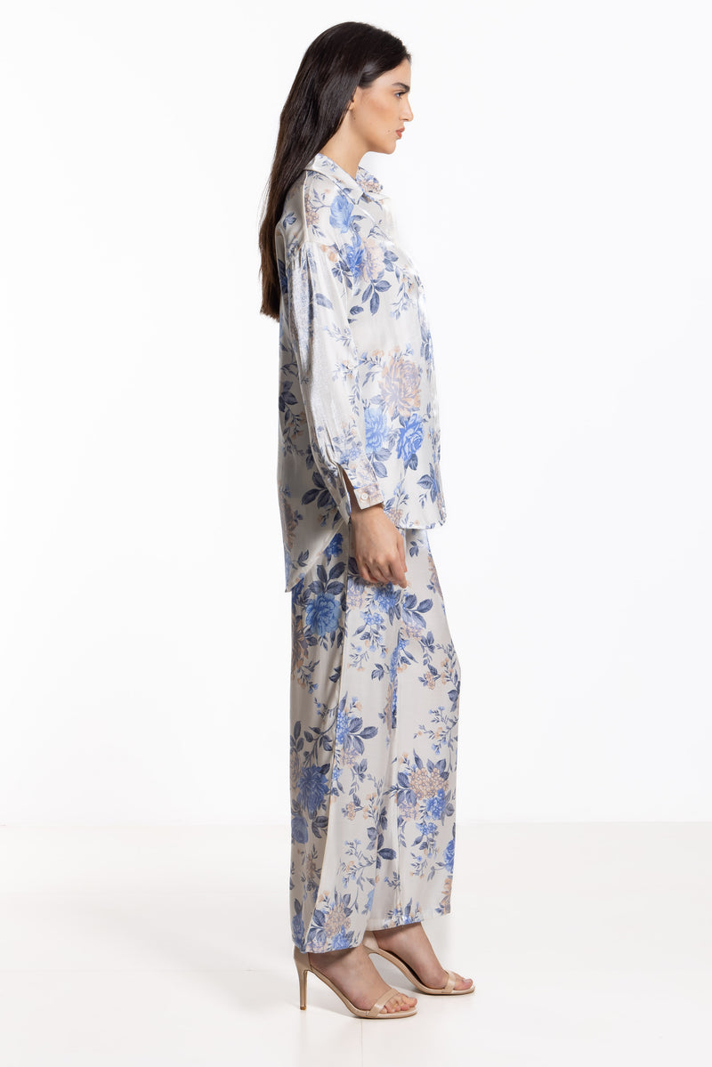 FLORAL PRINTED SATIN SHIRT SET