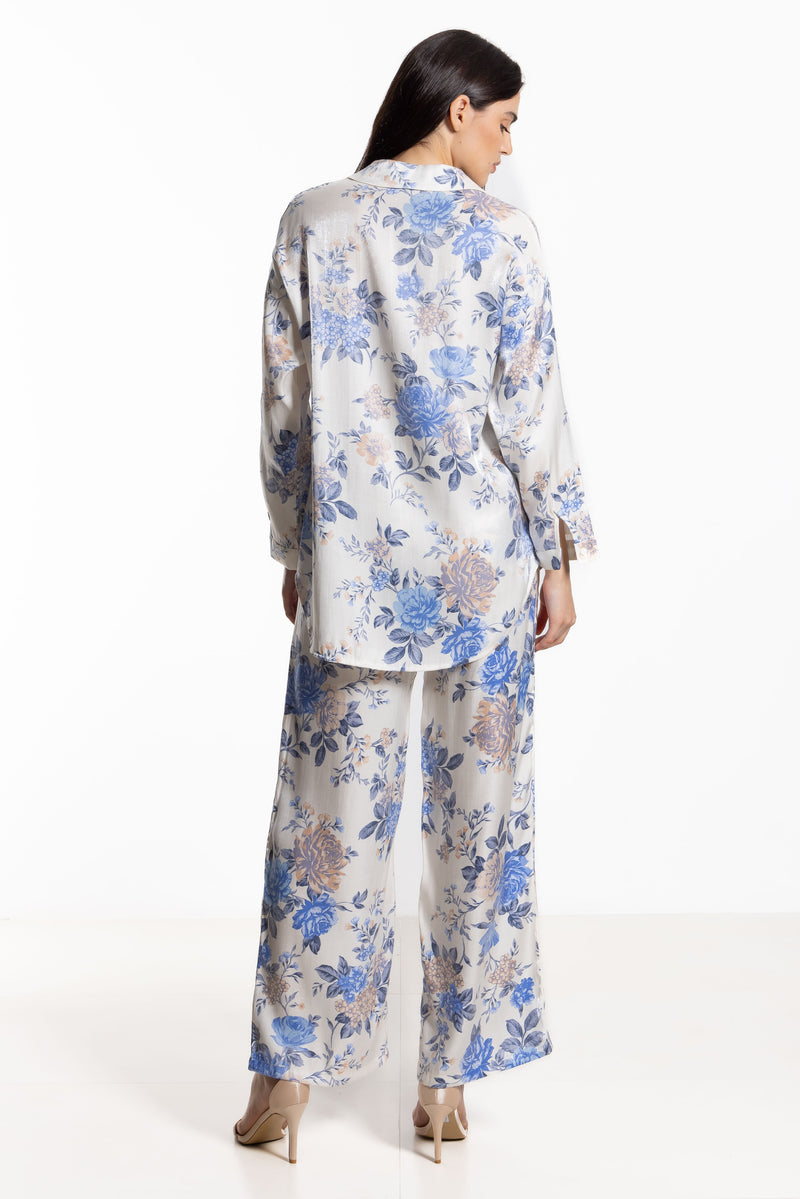 FLORAL PRINTED SATIN SHIRT SET