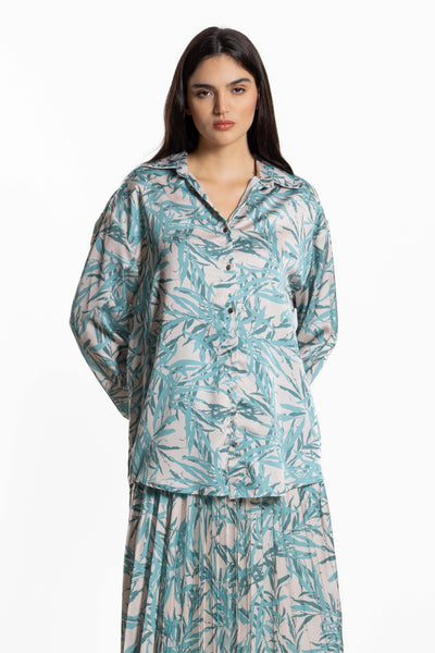 PRINTED PLEATED SATIN SKIRT SET
