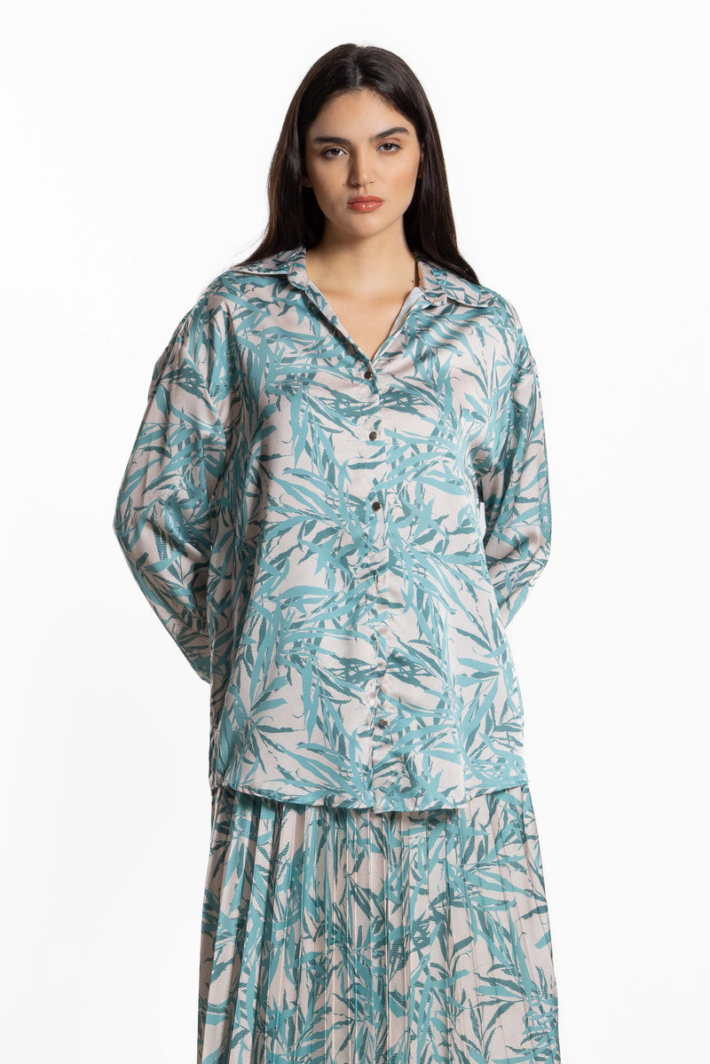 PRINTED PLEATED SATIN SKIRT SET
