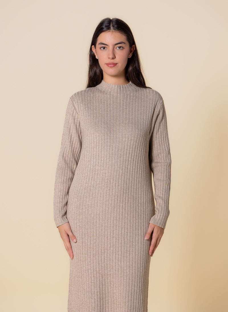 HIGH NECK RIBBED MIDI DRESS