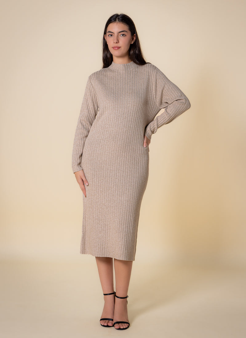HIGH NECK RIBBED MIDI DRESS