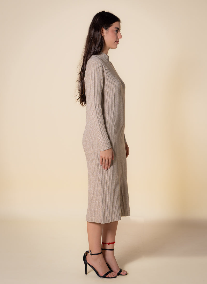 HIGH NECK RIBBED MIDI DRESS