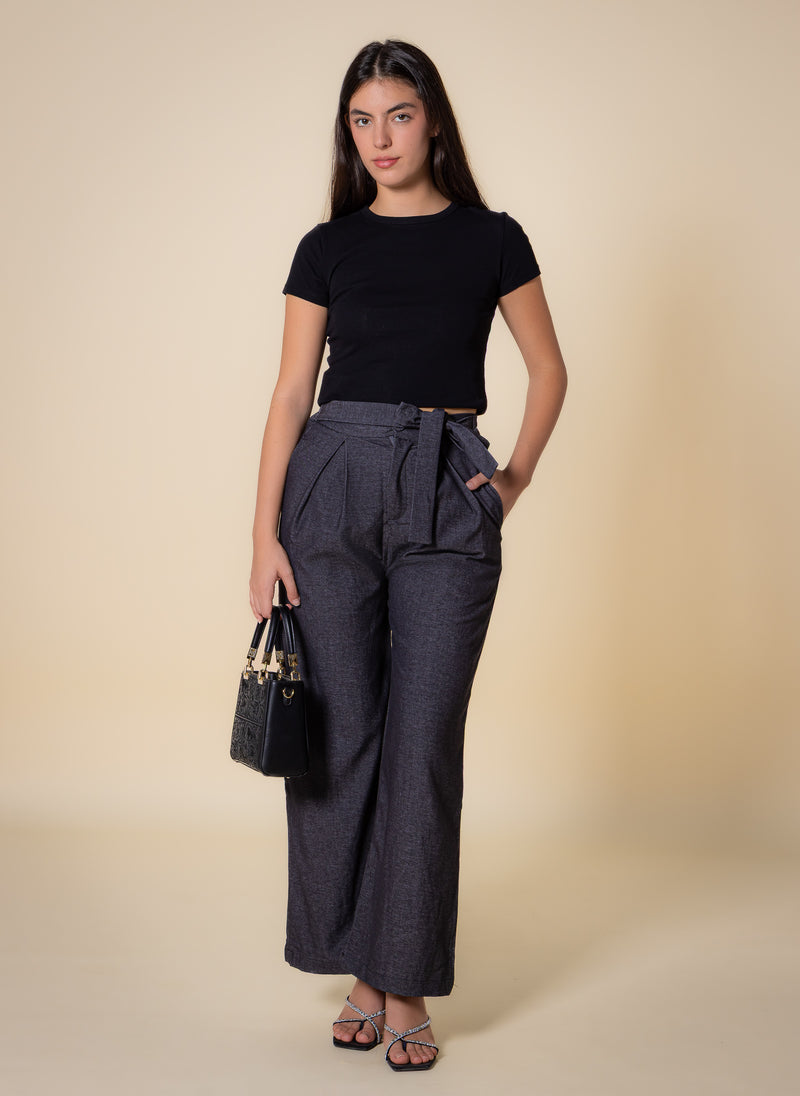 TEXTURED BELTED WIDE-LEG TROUSERS