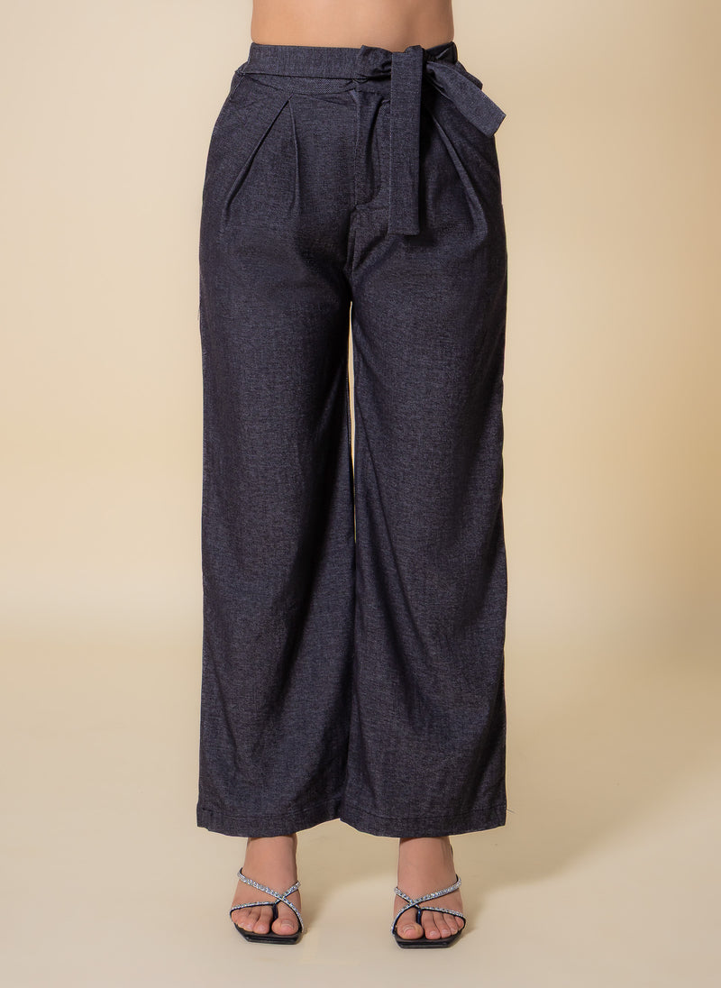 TEXTURED BELTED WIDE-LEG TROUSERS