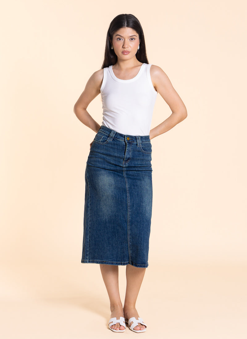 DETAILED MIDI DENIM SKIRT