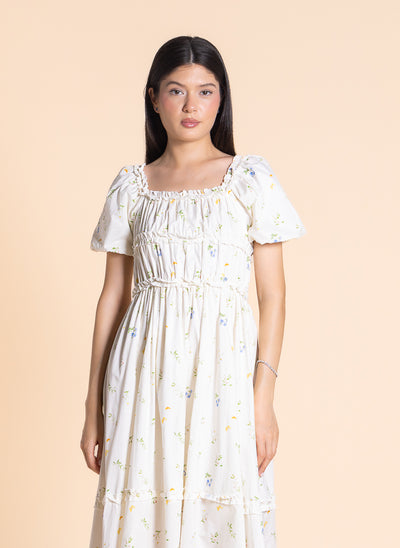 FLORAL PRINTED RUFFLE MIDI DRESS