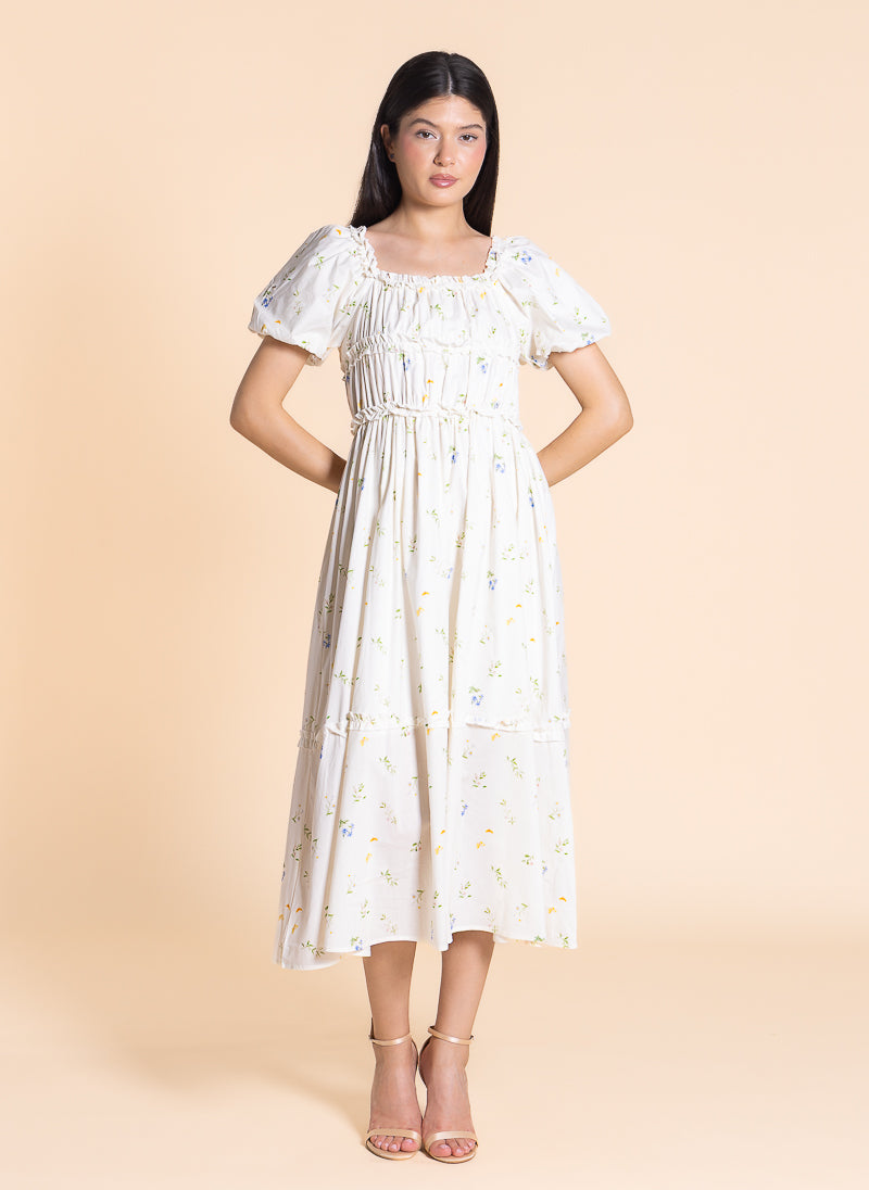 FLORAL PRINTED RUFFLE MIDI DRESS