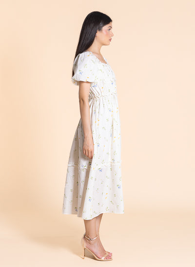 FLORAL PRINTED RUFFLE MIDI DRESS