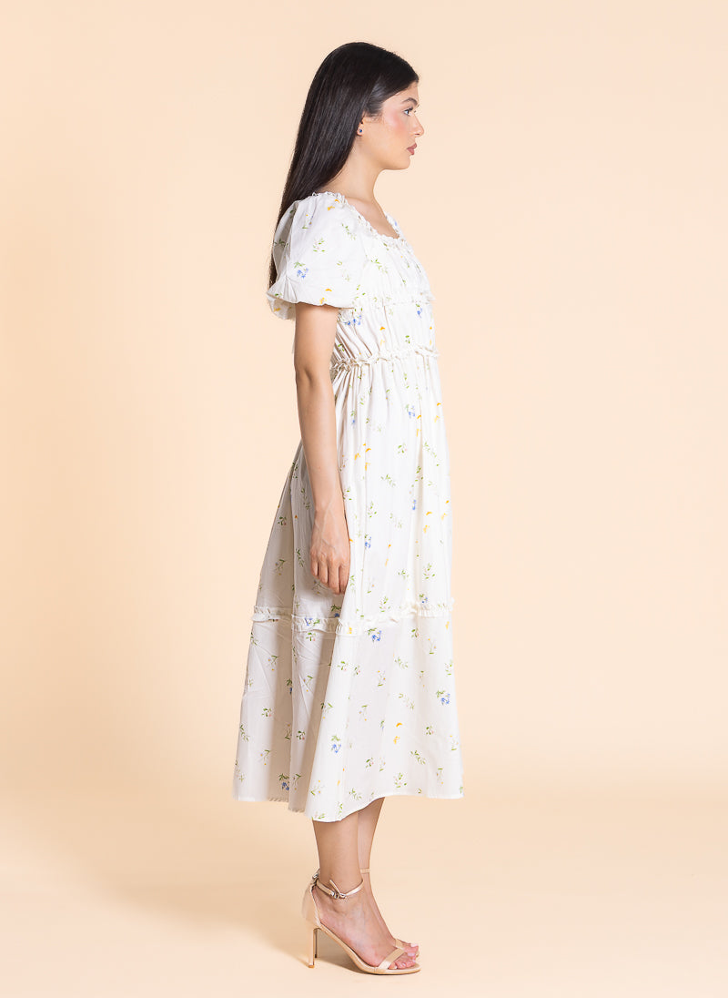 FLORAL PRINTED RUFFLE MIDI DRESS
