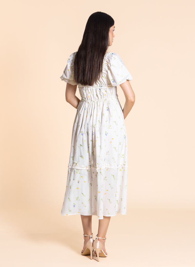 FLORAL PRINTED RUFFLE MIDI DRESS